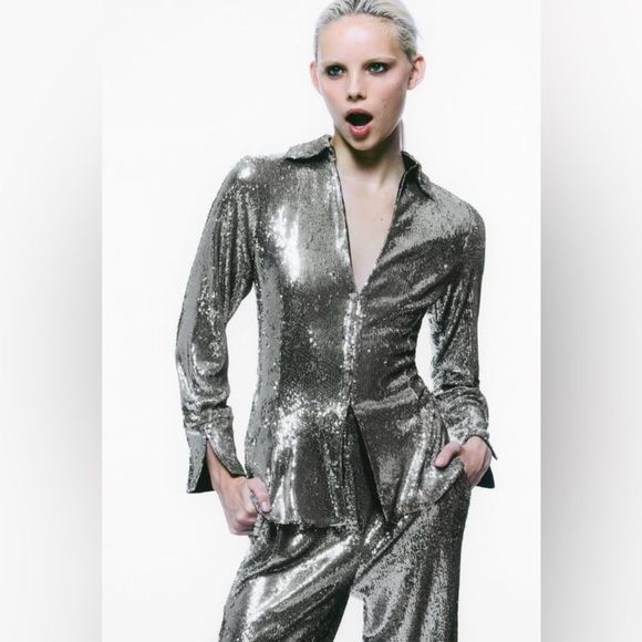ZARA SEQUIN SHIRT TOP - Picture 5 of 15